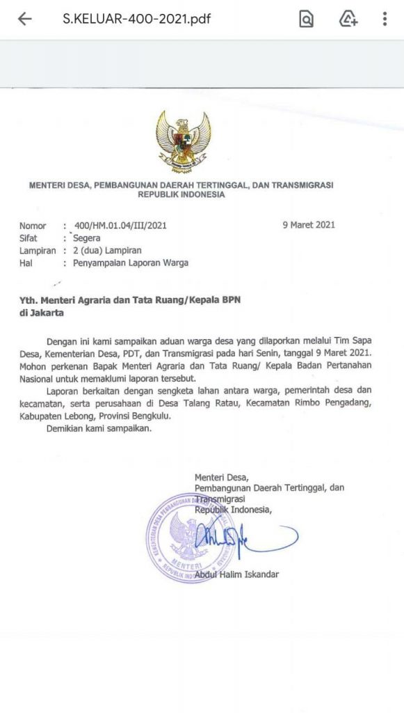 Penerbitan Sertifikat Tanah Warga Bengkulu Dipersulit, Mendes Surati Menteri ATR/BPN