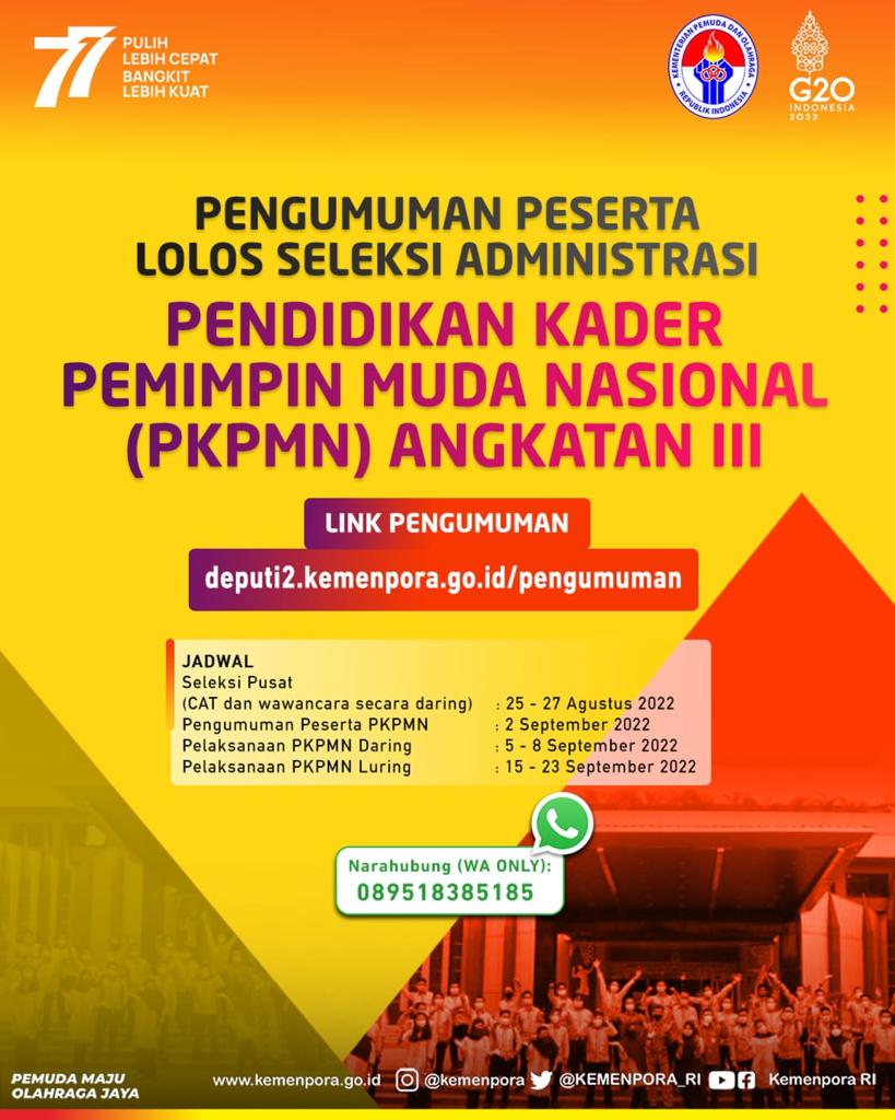 Kemenpora Umumkan Peserta PKPMN III Tahun 2022 yang Lolos Seleksi Administrasi Kemenpora Umumkan Peserta PKPMN III Tahun 2022 yang Lolos Seleksi Administrasi
