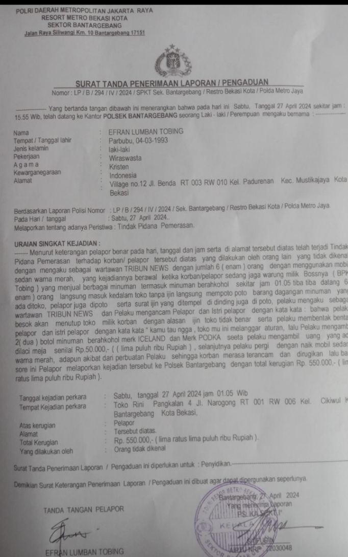 Foto : Surat Laporan ke Kepolisian, Ist