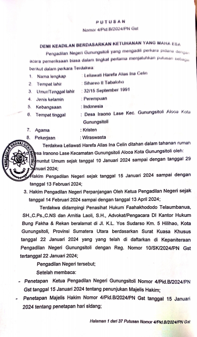 Oknum Pejabat di PN Gunungsitoli Nias Diduga Kuat Disuap Perihal Putusan Kasus Ini