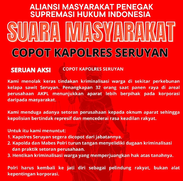 Tolak Kriminalisasi, Suara Rakyat Seruyan Desak Pencopotan Kapolres Hans Itta Papahit
