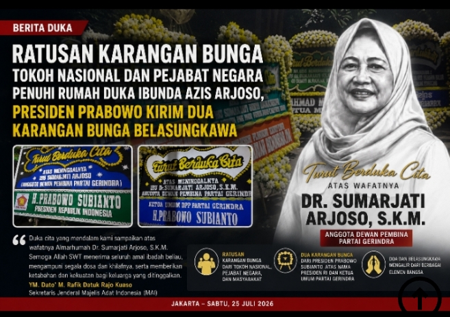 RATUSAN KARANGAN BUNGA BANJIRI RUMAH DUKA IBUNDA AZIS ARJOSO PRESIDEN PRABOWO KIRIM DUA KARANGAN BUNGA BELASUNGKAWA
