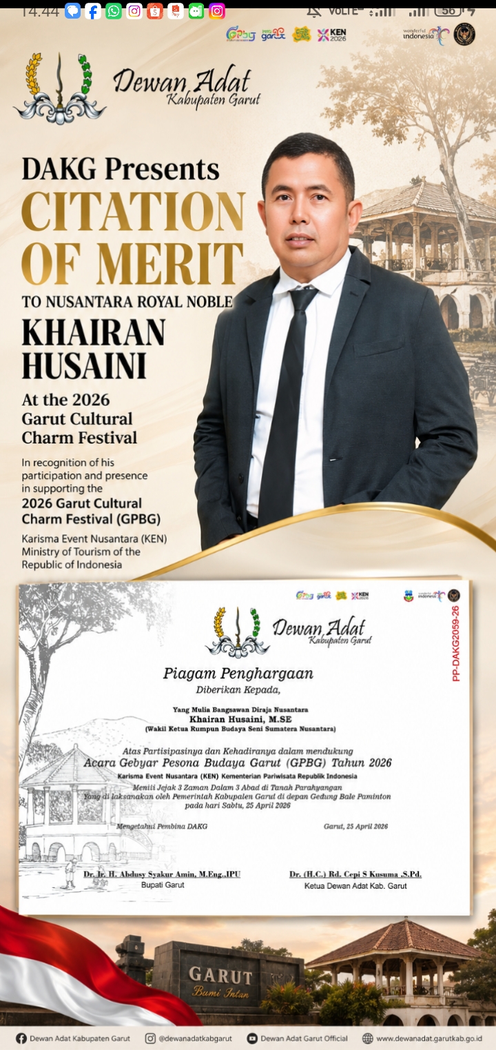 Piagam Penghargaan DAKG untuk Bangsawan Diraja Nusantara Khairan Husaini dalam Gebyar Pesona Budaya Garut 2026